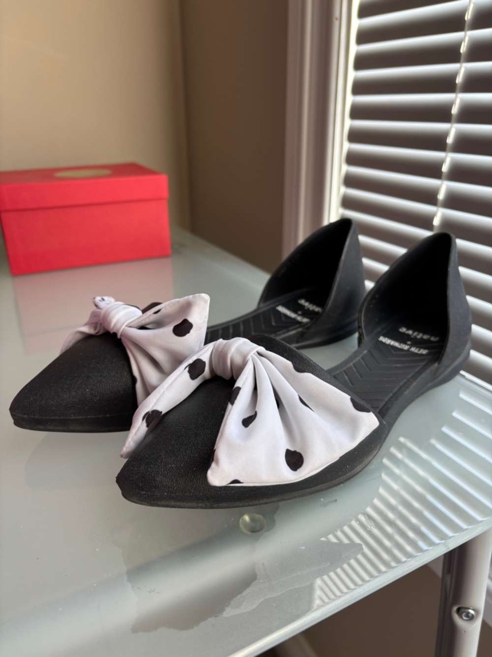 Black Pointed D'Orsay Flats with White Polka Dot Bow